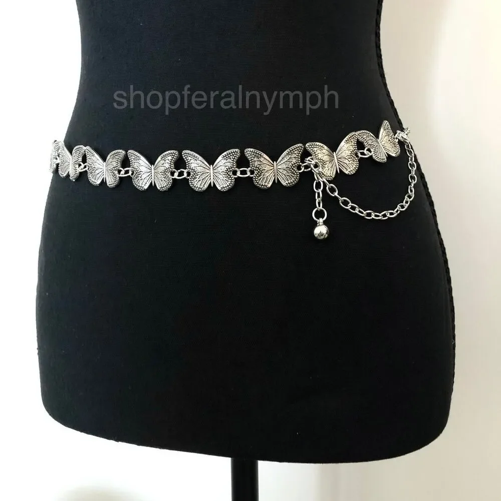 Vintage Y2K Silver Butterfly Chain Belt, Fits 12–36 Inches, X7GA1225
